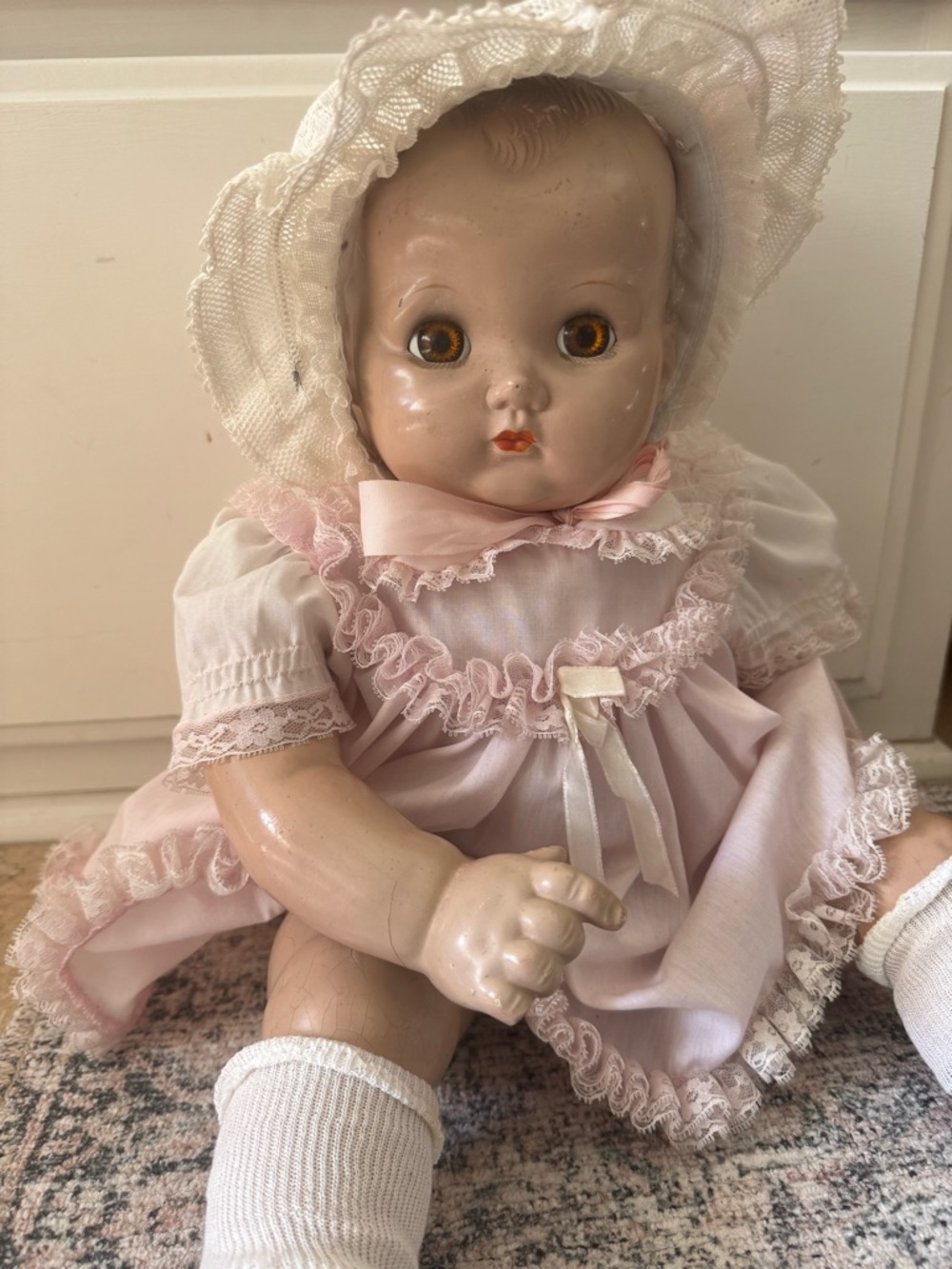 Vintage Baby Ideal Composite Doll in Pink Lace Dress